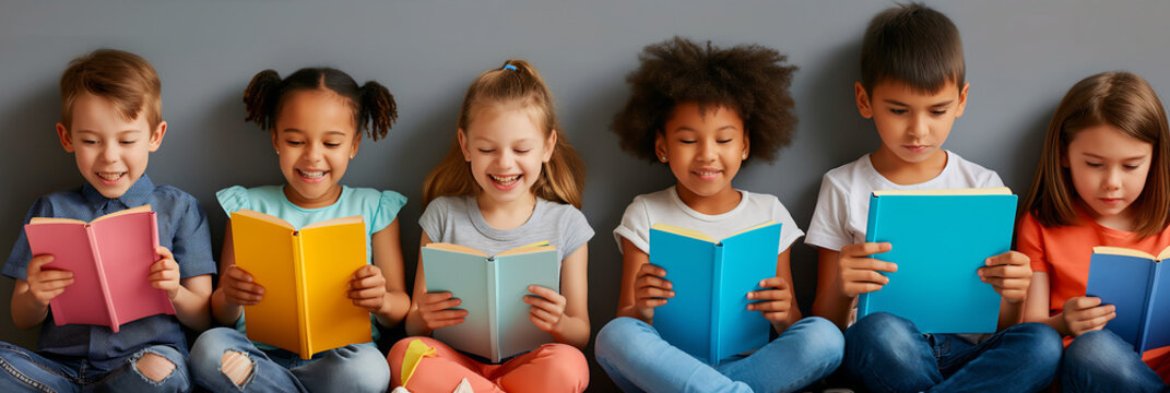 A group of diverse children sitting together, reading books, promoting literacy, education, and joy of learning. Ideal for educational content, reading programs, and children's activities.

