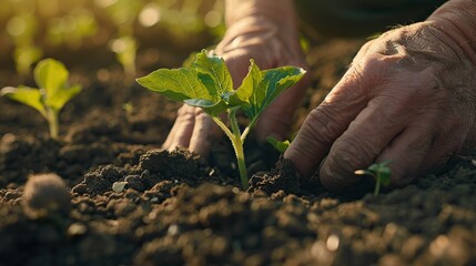 Close up of farmer hands planting growth a seed of vegetable or plant seedling on the field. Business or ecology concept. copy space for text.