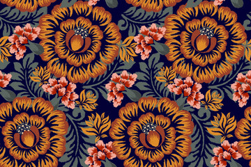 Seamless Orange flower and pink flower with green leaf pattern on navy blue background vector illustration.floral texture,fabric.