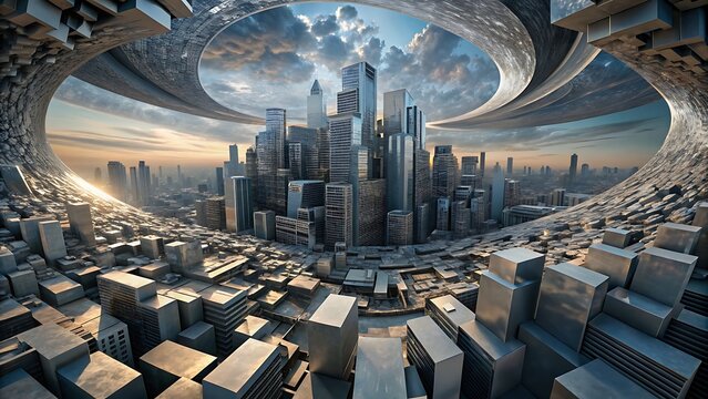 A  distorted cityscape scene, where familiar elements appear strangely disjointed.