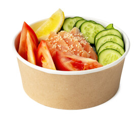 Take out poke bowl isolated on white background