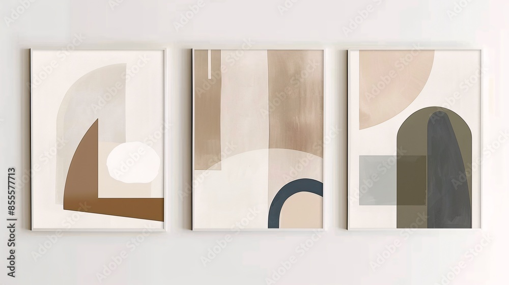 Fototapete A set of three modern abstract art posters with minimalistic designs, displayed side by side against a clean white wall. Each poster features simple geometric shapes and a muted color palette of