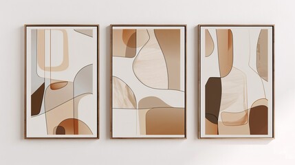 A set of three abstract art posters with minimalistic designs, positioned side by side on a white wall. Each poster features abstract forms in neutral colors, with a focus on negative space and clean