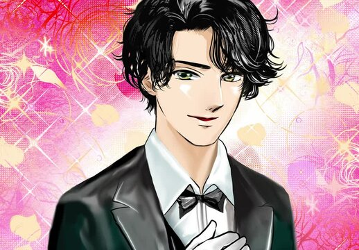 黒髪の韓国アイドル風イケメン男性執事が話すアニメーション花吹雪背景
