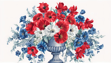vase with red, blue, white flowers