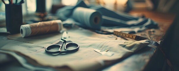 Sewing Pattern and Tools Arrangement on Table with Fabric Design Process