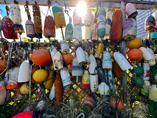 Old Colorful Fishing Buoys Hanging Against the Sun on the Wall. Lobster Fisheries. Grand Manan Island, New Brunswick, Canada. © OTABR
