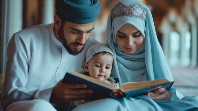 Happy traditional muslim family reading Quran together in mosque. 4k video footage