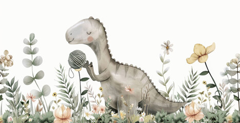 Adorable watercolor dinosaur illustration with flowers and leaves, perfect for kids' decor, nursery art, and whimsical designs.