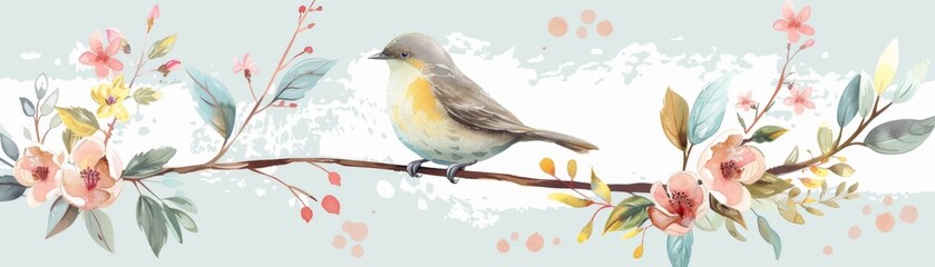 Beautiful watercolor illustration of a bird perched on a branch with pink flowers and green leaves. Perfect for spring and nature designs.