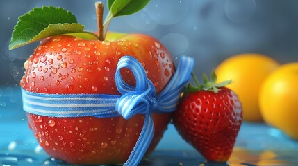   Close-up shot of a red apple tied with a blue ribbon, surrounded by two strawberries on a blue backdrop, with orange fruits in the background