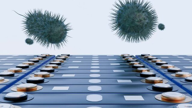 3d animation of prismatic battery, rectangular lithium ion phosphate LFP battery and bacteria as a symbol of biobattery by using bacteria to generate and store electricity.
