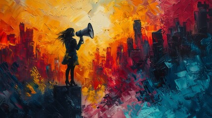 A dynamic image of a woman standing on a high ledge, megaphone in hand, her voice projecting loudly as she inspires