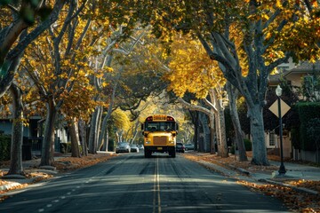 Obraz premium A school bus is seen driving down a street flanked by trees on both sides, A school bus driving down a tree-lined street, picking up students