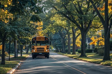 Obraz premium A school bus is seen driving down a street lined with trees, A school bus driving down a tree-lined street, picking up students