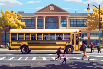 People walking across the road in front of a stopped school bus with children, A school bus dropping off children in front of a bustling school building