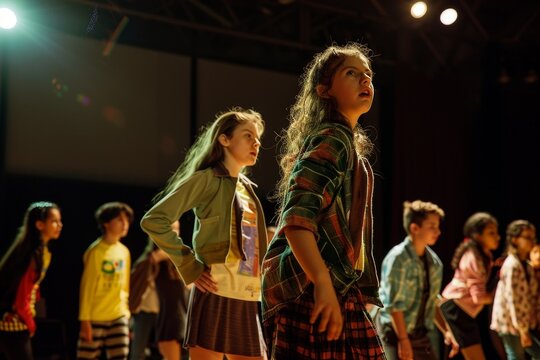 Group of students in costume standing on top of a stage during a school play rehearsal, A school play rehearsal, with students in costume and practicing their lines on stage