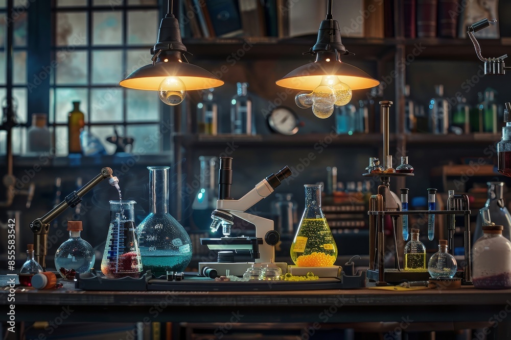 Poster a table in a science lab is covered with numerous bottles filled with various liquids, a science lab