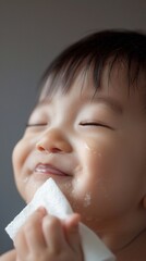 Cute japanese baby boy touching a soft towel