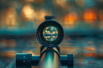 Detailed view of a scope focused on a distant target, with the background intentionally blurred for emphasis, A scope zoomed in on a distant target