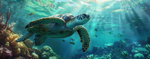 Fototapeta premium Sea Turtle swimming underwater under sea life