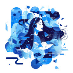 Obraz premium Abstract Illustration of a Woman Listening to Music with Headphones in a Blue Geometric Background