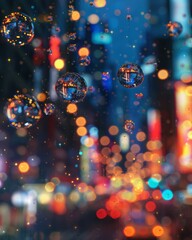 Bubbles glistening with reflections of a bustling city at dusk, capturing urban vibrancy in a unique perspective