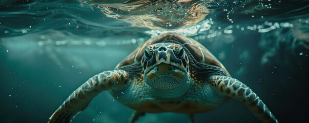 Obraz premium Sea Turtle swimming underwater under sea life