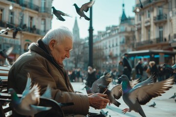 Senior man feeding pigeons while sitting on a bench in a park, A senior citizen sitting on a bench feeding pigeons in a bustling city square - Powered by Adobe