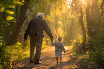Fototapeta premium Senior man and young girl holding hands, walking along a dirt road, A senior holding hands with a grandchild while walking through a sunlit forest path