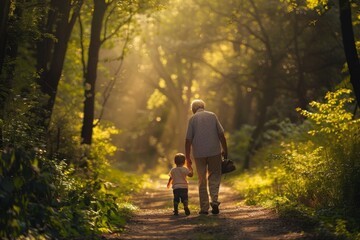 A woman and child, likely a grandmother and grandchild, walking hand in hand on a forest path, A senior holding hands with a grandchild while walking through a sunlit forest path