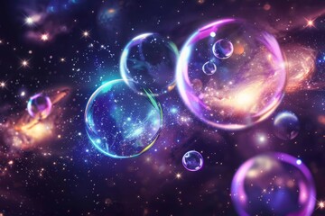 A surreal and dreamy image of iridescent bubbles floating gracefully in outer space, surrounded by twinkling stars, creating a magical and enchanting scene