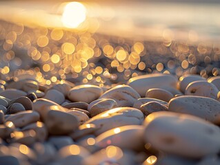 Fototapeta premium Beach pebbles under vibrant sunset, warm water glow
