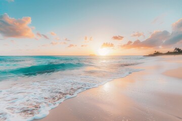 The sun is setting over the ocean on a serene beach with gentle waves lapping, A serene beach at sunset, with gentle waves lapping against the shore