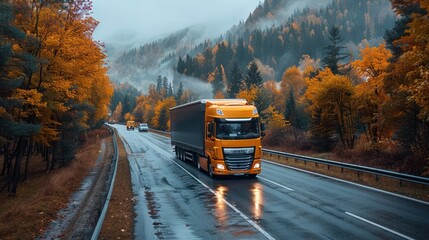 Obraz premium Semi-Truck Driving Through a Misty Autumn Forest