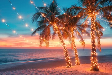 Sunset on a beach where palm trees are wrapped in colorful Christmas lights, A serene beach at sunset, with palm trees decorated with twinkling holiday lights