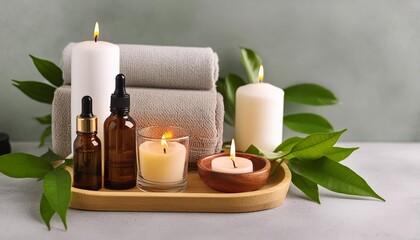 Soothing aromatherapy setup with oils, candle, towel, and green leaves