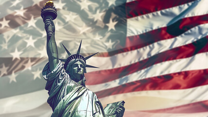 statue of liberty with flag America ,independence day america ,Double exposure style