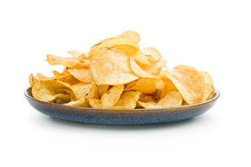 Close Up of Crispy Potato Chips on plate isolated on White Background