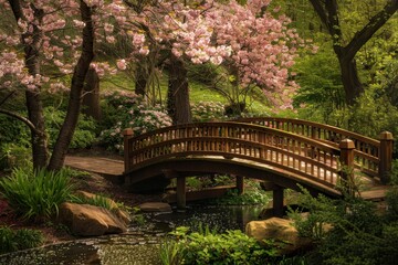 A wooden bridge crosses a tranquil pond in a park surrounded by cherry blossoms, A serene cherry blossom garden with a small wooden bridge
