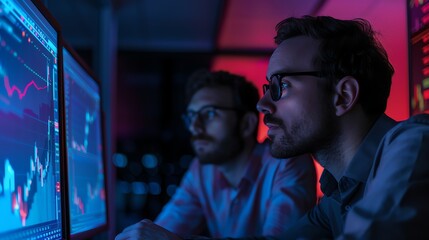Fototapeta premium Two market analysts are observing the price movements of the stock market, forex, investment business, crypto prices, looking at prices to carry out buying and selling executions
