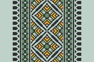 Folk embroidery cross stitch geometric floral pattern. Vector ethnic geometric floral shape seamless pattern. Folk floral embroidery pattern use for textile, home decoration elements, upholstery, etc.