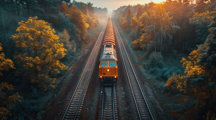 Naklejka premium Freight Train Through Autumn Forest at Sunset