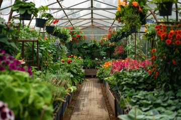 A greenery-filled greenhouse with a variety of plants and flowers thriving under controlled conditions, A serene greenhouse filled with an abundance of lush green plants and colorful flowers