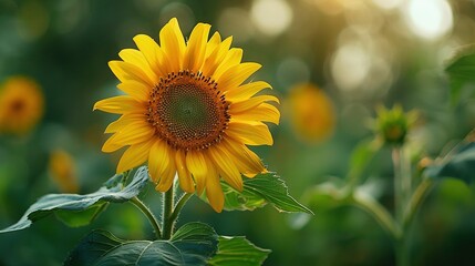 Obraz premium A golden sunflower stands tall amidst a sea of yellow in a sunlit field, with rays streaming through its leaves and the fiery orb casting light behind it