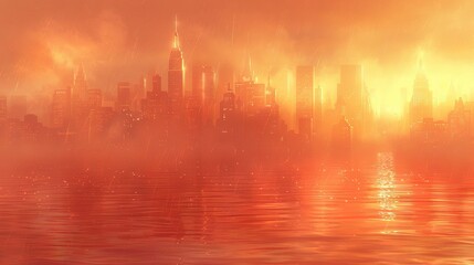   Picture of a city with smoke rising from its top and water in front