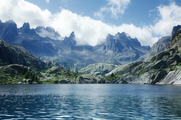 A large body of water nestled amidst towering mountains, creating a striking natural landscape, A...