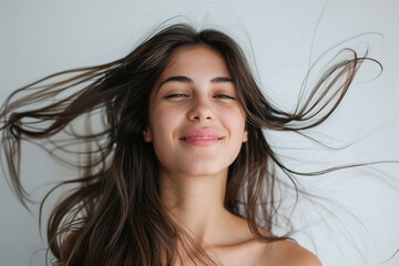 beauty shoot of a female brunette model whose long, beautiful hair blows in the wind