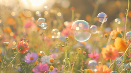 Delicate bubbles drift gently across a vibrant field of colorful wildflowers under a clear blue sky, creating a dreamy and whimsical scene