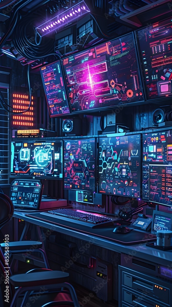 Poster futuristic hacker workspace with multiple digital displays and neon cyber environment